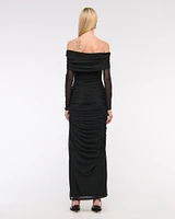 Long-Sleeve Mesh Asymmetrical Draped Maxi Dress