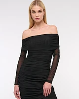 Long-Sleeve Mesh Asymmetrical Draped Maxi Dress