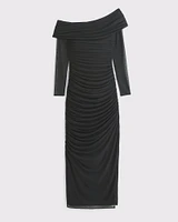 Long-Sleeve Mesh Asymmetrical Draped Maxi Dress