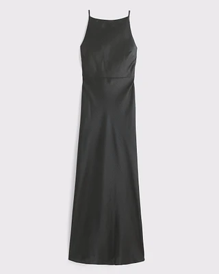 High-Neck Crinkle Satin Maxi Dress