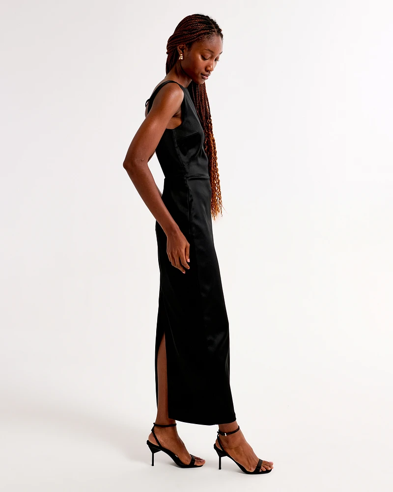 High-Neck Satin Sculpt Midi Dress