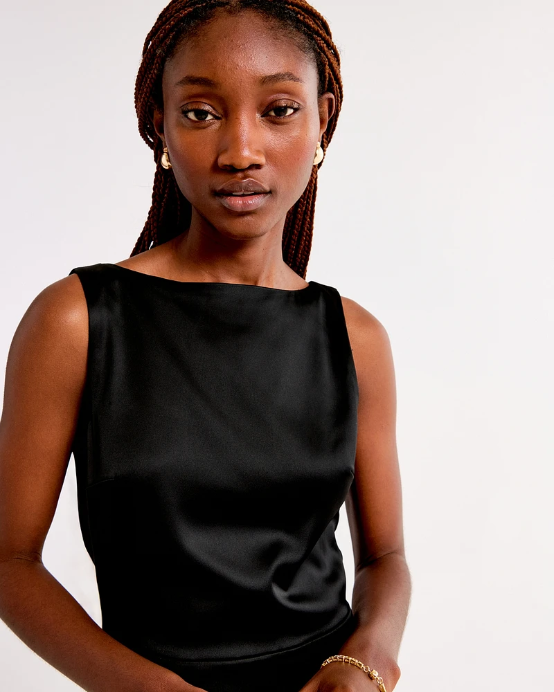 High-Neck Satin Sculpt Midi Dress