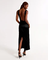 High-Neck Satin Sculpt Midi Dress