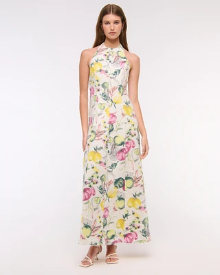Premium Linen High-Neck Maxi Dress