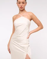 Lace-Trim Slip Halter Midi Dress