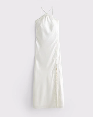 Lace-Trim Slip Halter Midi Dress