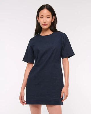 Short-Sleeve Linen-Blend Button Mini Dress