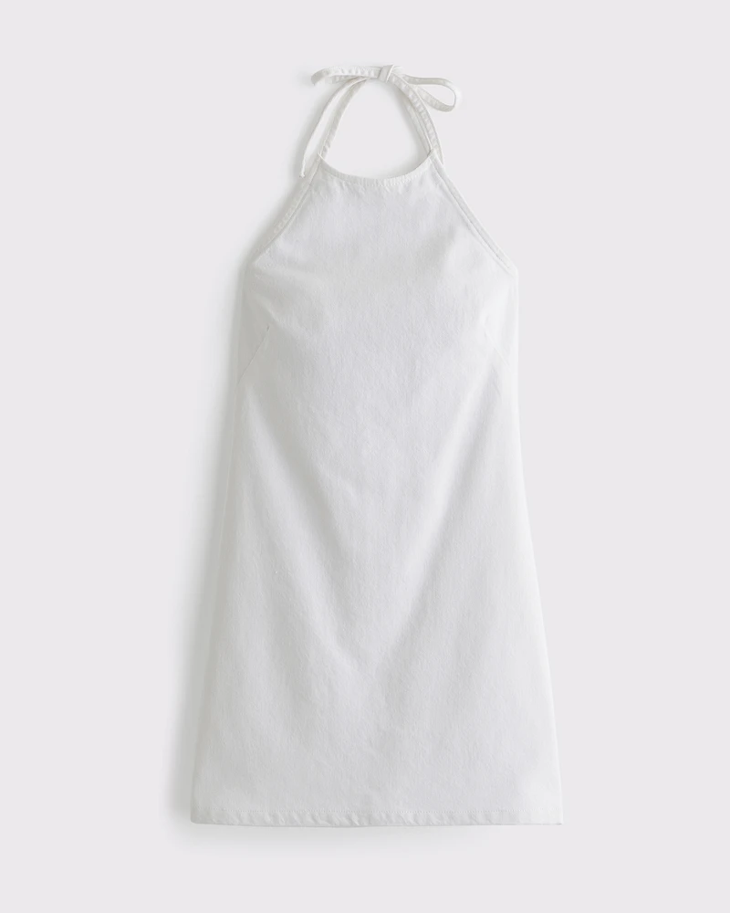 Open-Back Halter Denim Mini Dress
