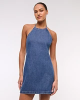 Open-Back Halter Denim Mini Dress