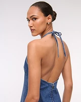 Open-Back Halter Denim Mini Dress