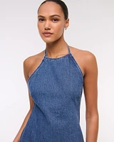 Open-Back Halter Denim Mini Dress