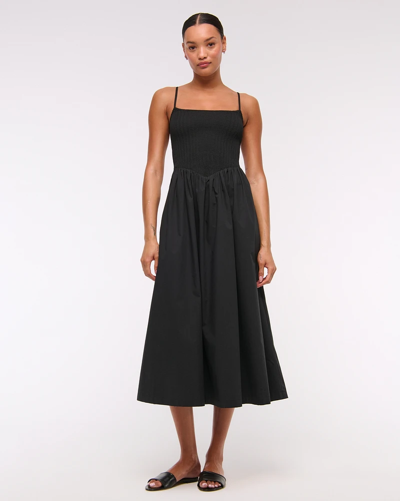 Dipped-Waist Smocked Midi Dress