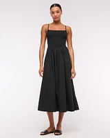 Dipped-Waist Smocked Midi Dress