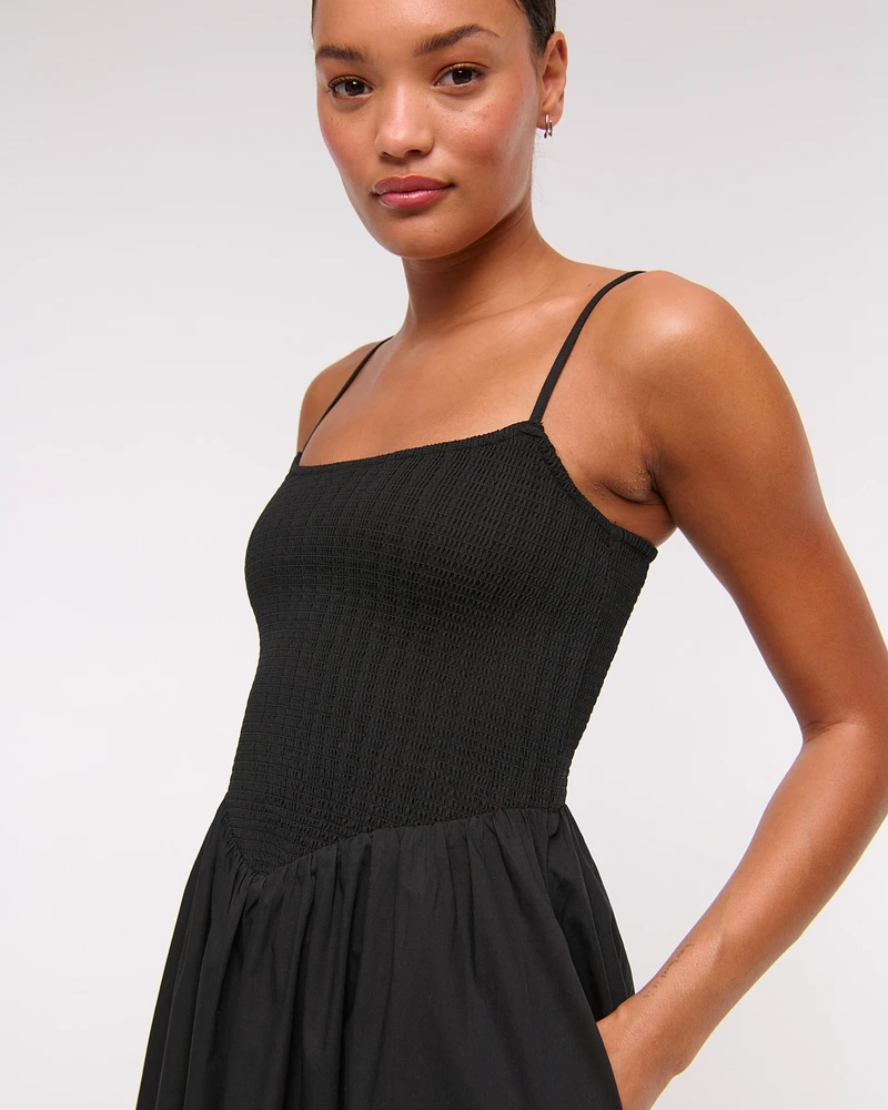 Dipped-Waist Smocked Midi Dress