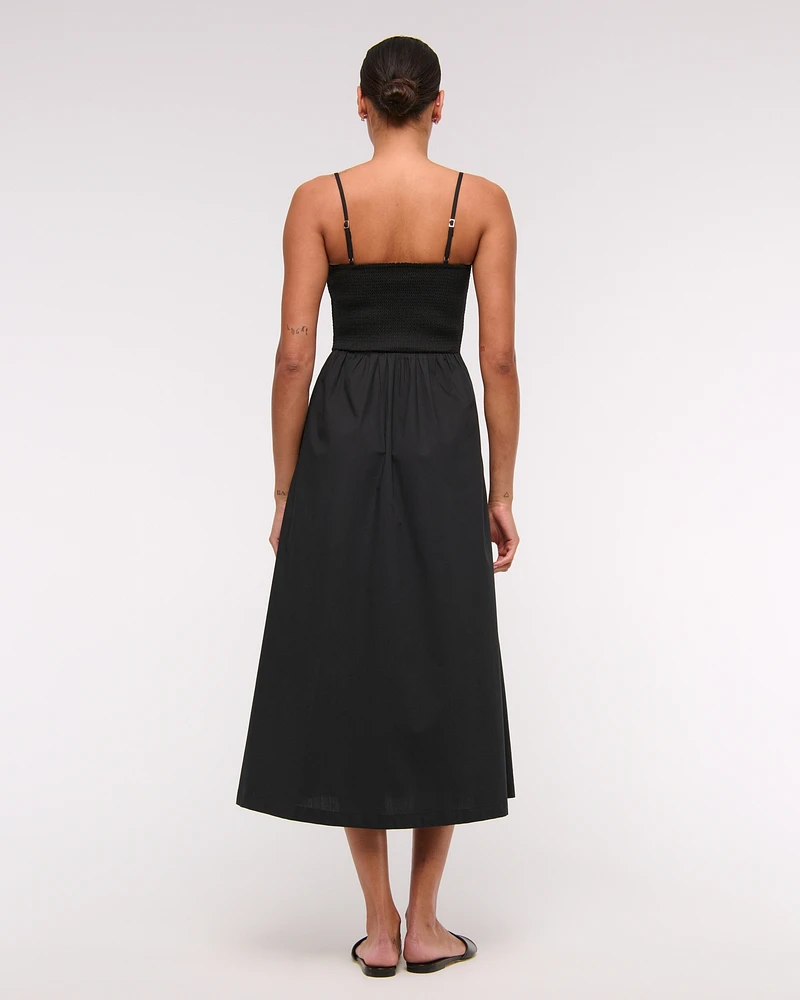 Dipped-Waist Smocked Midi Dress