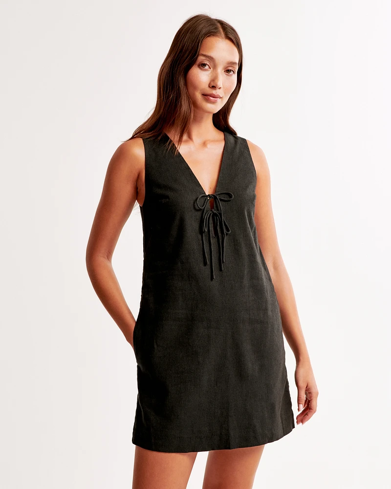 Linen-Blend Tie Front Mini Dress