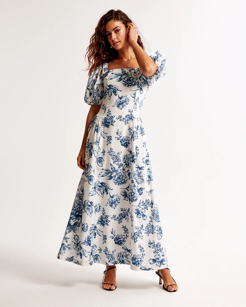 Puff Sleeve Dipped-Waist Maxi Dress