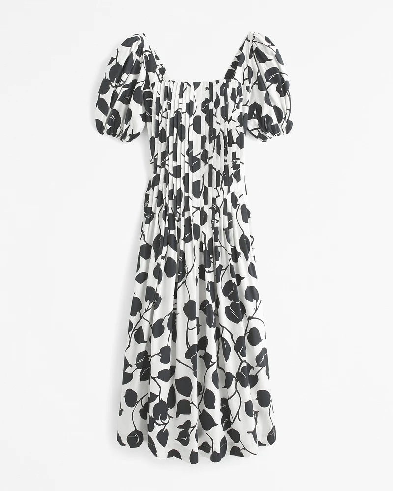 Puff Sleeve Pleat Release Midi Dress