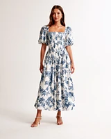 Puff Sleeve Pleat Release Midi Dress