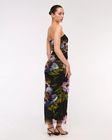 Mesh Strapless Ruched Maxi Dress