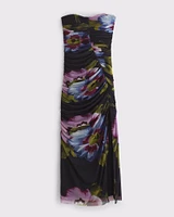Mesh Strapless Ruched Maxi Dress