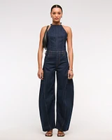 Halter Barrel Denim Jumpsuit