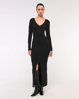 Long-Sleeve V-Neck Maxi Sweater Dress