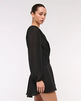 Long-Sleeve Draped Wrap Mini Dress