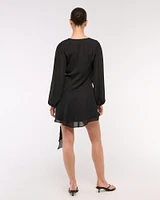 Long-Sleeve Draped Wrap Mini Dress