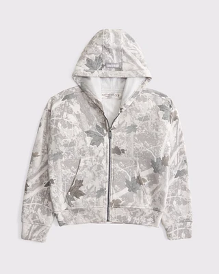 boxy waffle-lined full-zip hoodie