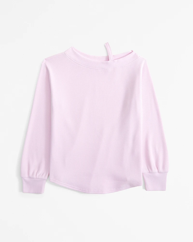 long-sleeve off-the-shoulder knit waffle tee
