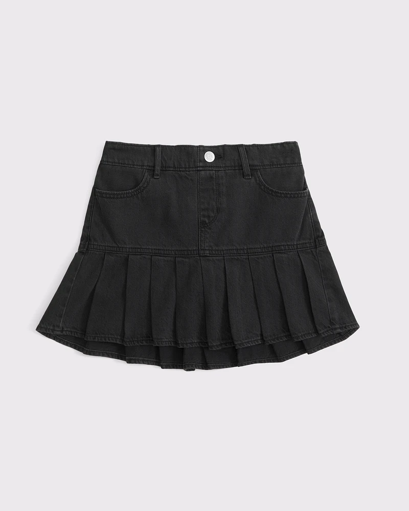 denim drop-waist pleated skort
