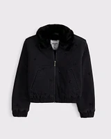 faux fur collar denim bomber jacket