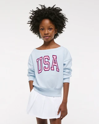 off-the-shoulder graphic crew sweatshirt