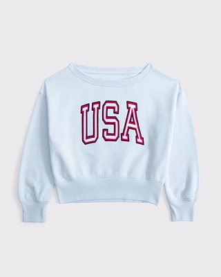 off-the-shoulder graphic crew sweatshirt