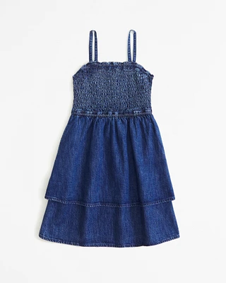 denim smocked mini dress