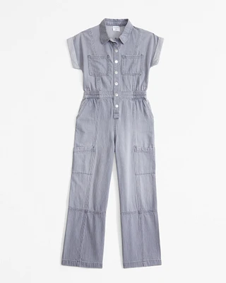 short-sleeve denim utility jumpsuit