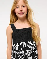 crochet-style mixed fabric mini dress