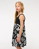 crochet-style mixed fabric mini dress
