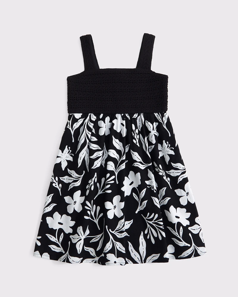 crochet-style mixed fabric mini dress