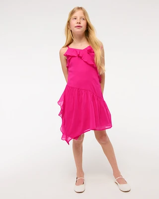 asymmetrical hem ruffle mini dress