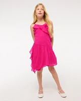 asymmetrical hem ruffle mini dress