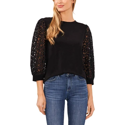 Womens Cece Long Floral Lace Sleeve Crew Neck Blouse