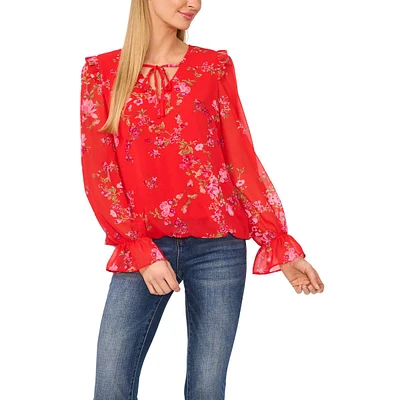 Womens Cece Long Sleeve Floral Tie Neck Blouse