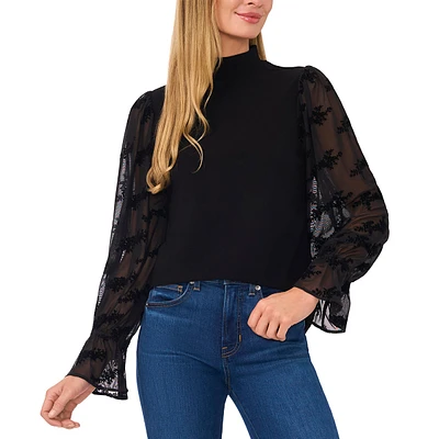 Womens Cece Mock Neck Sheer Sleeve Ruffled Cuff Top