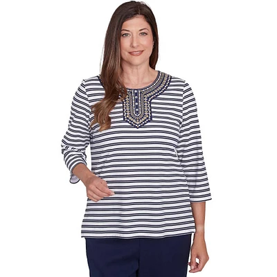 Womens Alfred Dunner Block Island Embroidered Yoke Stripe Tee