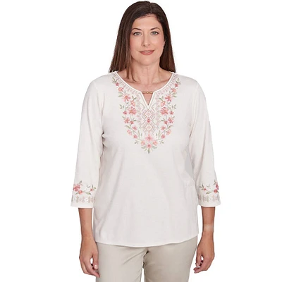 Petite Alfred Dunner Coming Up Roses Yoke Embroidery Tee