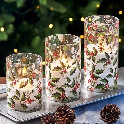 Iced Glass Holly Berry Flameless LED Pillar Candles - Set of 3