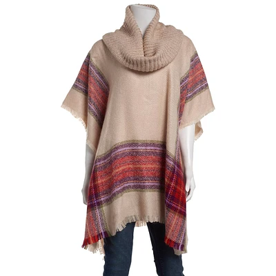 Womens V.Fraas Tartan Border Poncho with Knit Collar