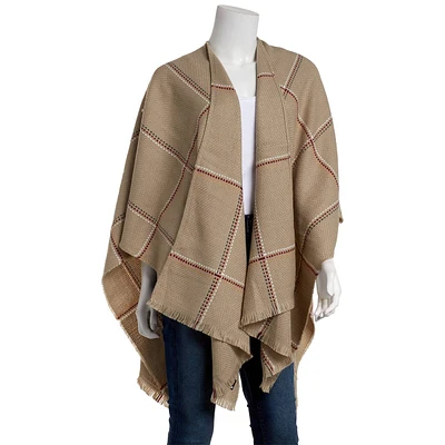 Womens V. Fraas Windowpane Ruana with Pickstitch Accent